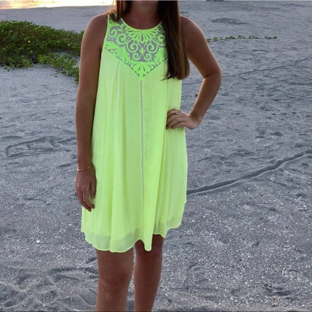 Lilly Pulitzer Cammie Dress XXS Lemon Drop Neon Yellow Green Embroidered Swing